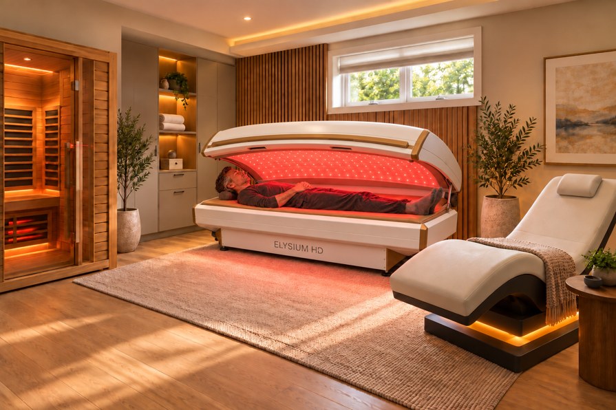 A man resting inside an open red-light therapy bed in a warm wood wellness room with a sauna cabin and a lounge chair