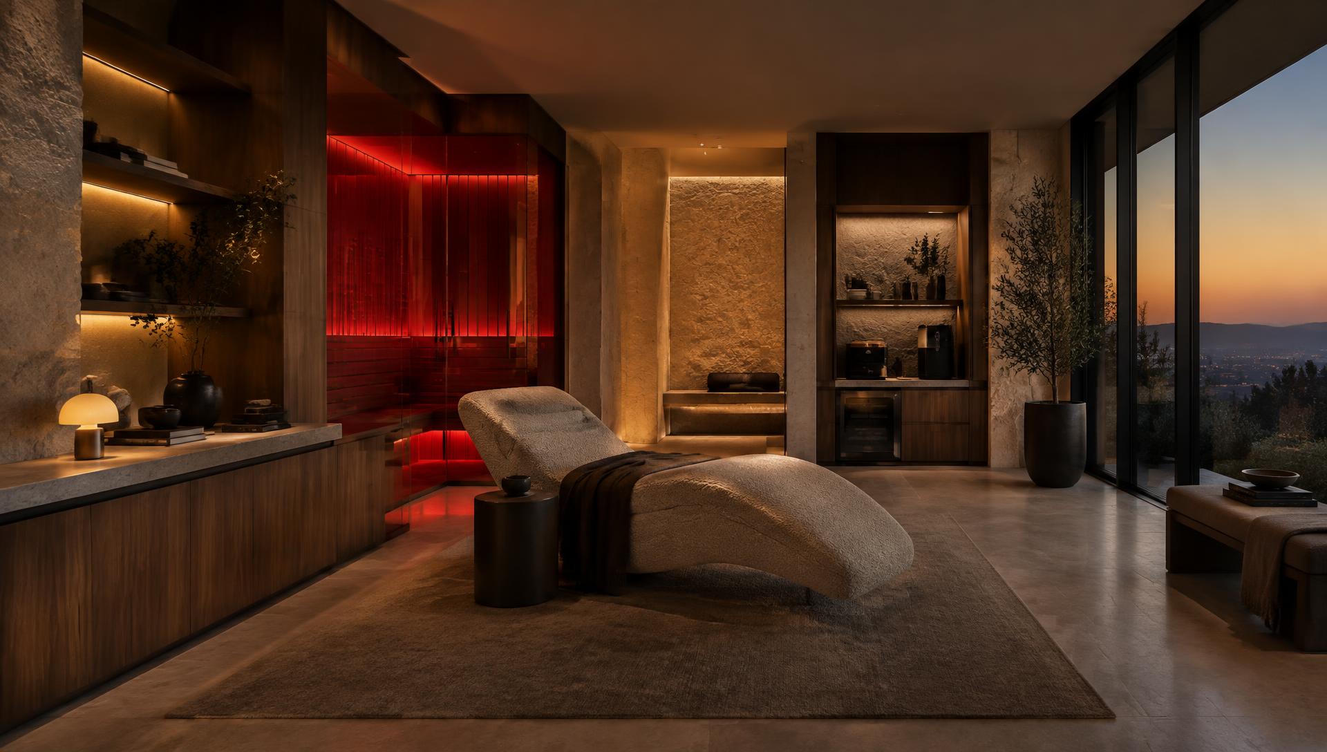 A private vitality environment in warm stone and wood, designed for everyday restoration