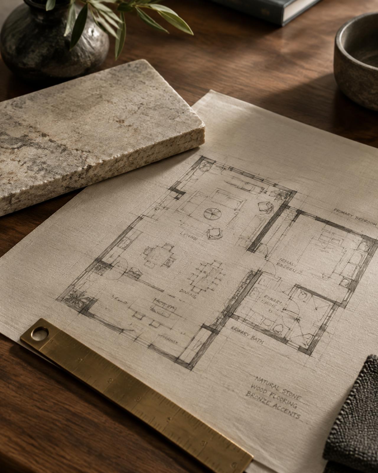 A hand-sketched residential floor plan beside a limestone material sample and bronze rule on a walnut table
