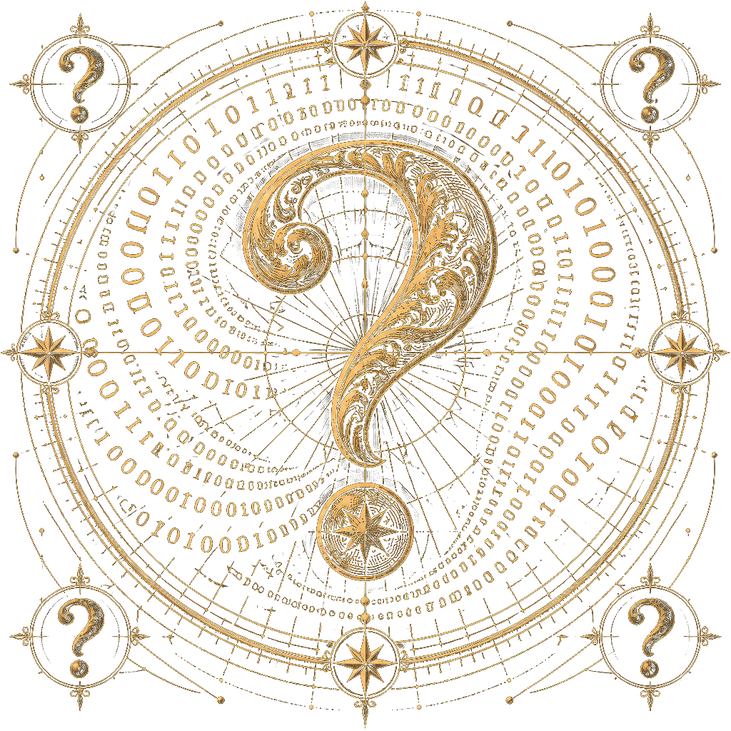 Hand-inked Renaissance cipher study of an ornate question mark surrounded by binary digits, champagne gold