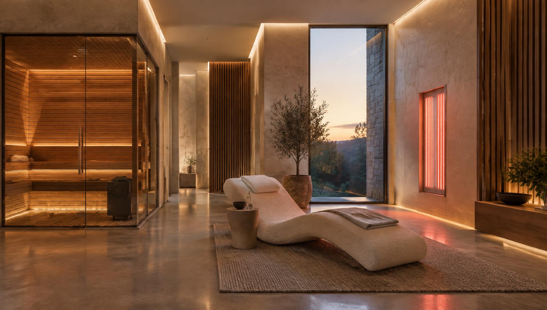 A wide private residential vitality room in limestone and walnut with a cedar cabin, recovery lounger, and integrated light therapy panel